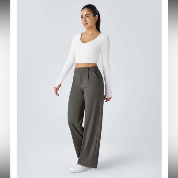 Halara Pleated High Waist Wide Leg Pull On Stretch Pants Medium Petite Gray - Picture 3 of 16